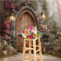 Aperturee - Aperturee Enchanted Garden Photography Backdrop with Arched Wooden Door Lush Flowers and Lanterns for Fairy Tale Theme