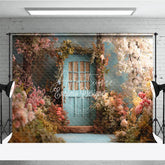 Aperturee - Aperturee Enchanted Garden Photography Backdrop with Light Blue Door and Pink White Flowers Spring Fairy Tale Theme