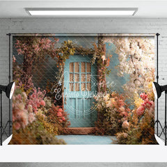 Aperturee - Aperturee Enchanted Garden Photography Backdrop with Light Blue Door and Pink White Flowers Spring Fairy Tale Theme