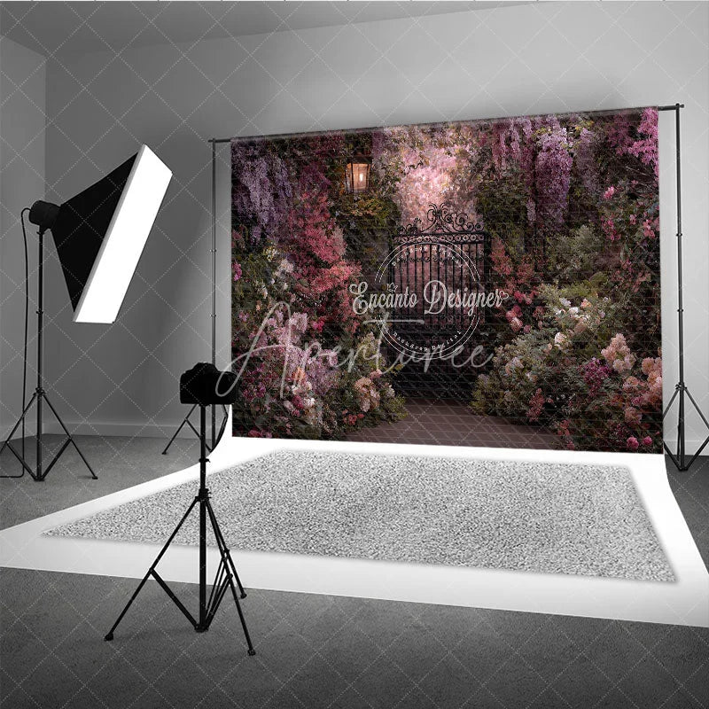 Aperturee - Aperturee Enchanted Garden Photography Backdrop with Ornate Iron Gate Blooming Pink Purple Flowers and Vintage Lantern