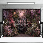 Aperturee - Aperturee Enchanted Garden Photography Backdrop with Ornate Iron Gate Blooming Pink Purple Flowers and Vintage Lantern