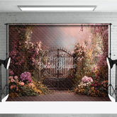 Aperturee - Aperturee Enchanted Garden Photography Backdrop with Ornate Iron Gate Pink Flowers and Lush Greenery for Romantic Portraits