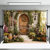 Aperturee - Aperturee Enchanted Garden Photography Backdrop with Rustic Wooden Door Lush Greenery and Colorful Flowers for Spring Portraits