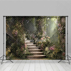 Aperturee - Aperturee Enchanted Garden Photography Backdrop with Winding Stone Staircase Lush Flowers and Magical Sunlight