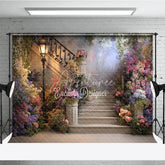 Aperturee - Aperturee Enchanted Garden Staircase Photography Backdrop with Colorful Floral and Glowing Lamppost Wedding Party Decor