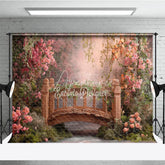 Aperturee - Aperturee Enchanted Garden Wooden Bridge with Pink Flowers Photography Backdrop Spring Fairy Tale Photo Studio Prop