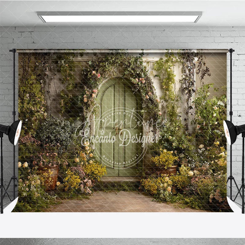 Aperturee - Aperturee Enchanted Green Arched Door Photography Backdrop Lush Floral Vines and Weathered Stone Wall Garden Theme