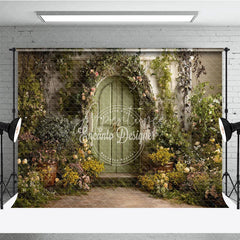Aperturee - Aperturee Enchanted Green Arched Door Photography Backdrop Lush Floral Vines and Weathered Stone Wall Garden Theme