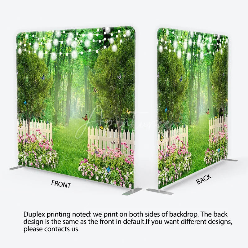 Aperturee - Aperturee Enchanted Green Forest Garden Square Double-Sided Backdrop with White Picket Fence Pink Flowers and String Lights