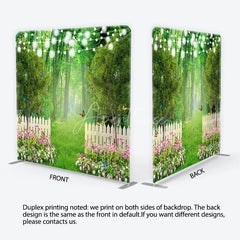 Aperturee - Aperturee Enchanted Green Forest Garden Square Double-Sided Backdrop with White Picket Fence Pink Flowers and String Lights
