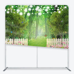Aperturee - Aperturee Enchanted Green Forest Garden Square Double-Sided Backdrop with White Picket Fence Pink Flowers and String Lights
