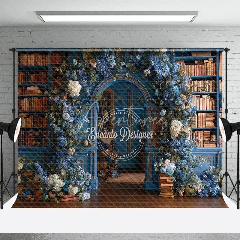 Aperturee - Aperturee Enchanted Library Photography Backdrop Blue Bookshelves with Floral Arch Fairytale Fine Art Photo Background