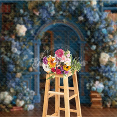 Aperturee - Aperturee Enchanted Library Photography Backdrop Blue Bookshelves with Floral Arch Fairytale Fine Art Photo Background