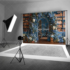 Aperturee - Aperturee Enchanted Library Photography Backdrop Blue Bookshelves with Floral Arch Fairytale Fine Art Photo Background