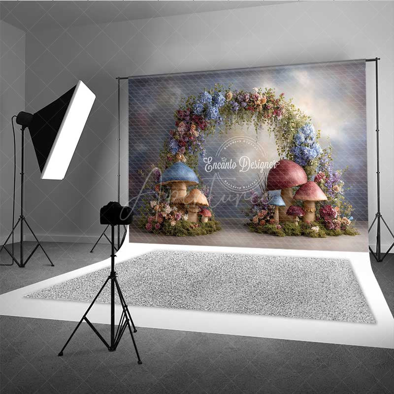 Aperturee - Aperturee Enchanted Mushroom Wedding Arch Backdrop Fairytale Forest with Flowers Whimsical Garden Ceremony Photo Prop