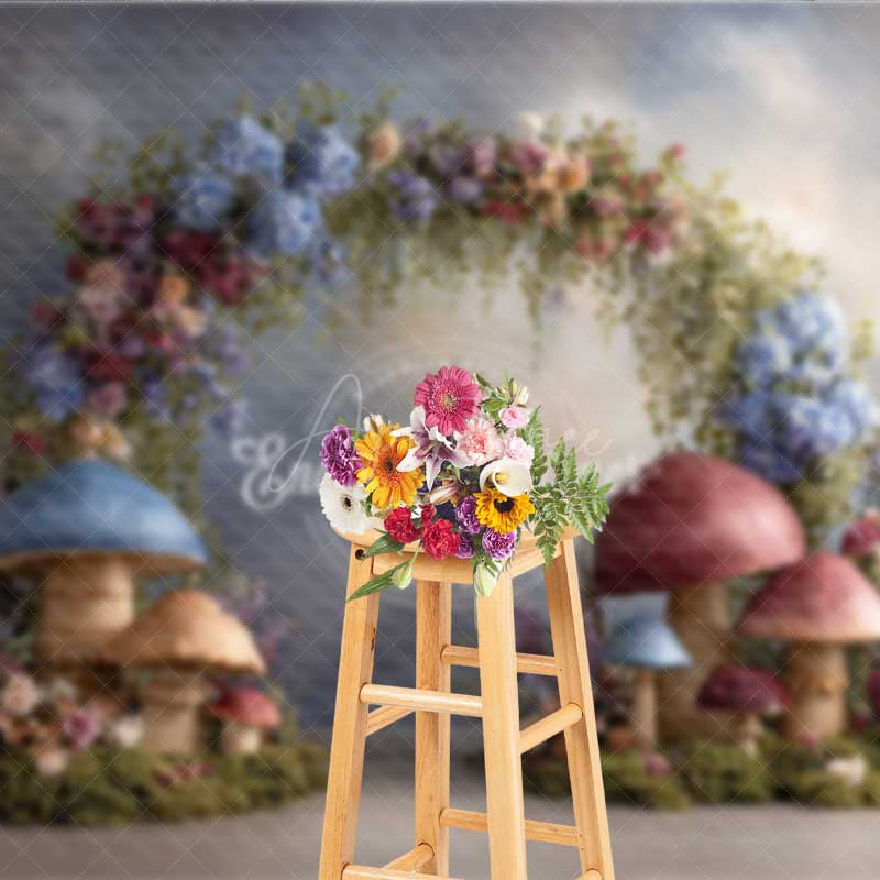 Aperturee - Aperturee Enchanted Mushroom Wedding Arch Backdrop Fairytale Forest with Flowers Whimsical Garden Ceremony Photo Prop