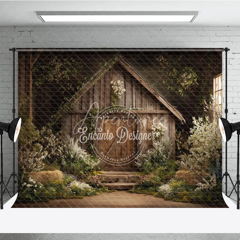 Aperturee - Aperturee Enchanted Rustic Wooden Barn Photography Backdrop with Spring Flowers and Greenery Farmhouse Style Portrait Background