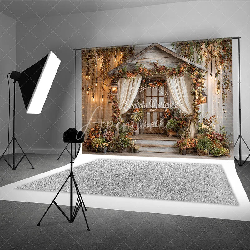 Aperturee - Aperturee Enchanted Rustic Wooden Cabin Photography Backdrop with Autumn Flowers Vines and Warm Fairy Lights