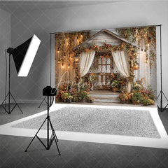 Aperturee - Aperturee Enchanted Rustic Wooden Cabin Photography Backdrop with Autumn Flowers Vines and Warm Fairy Lights