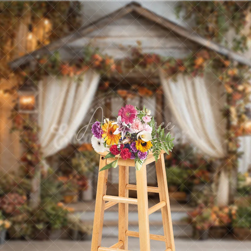Aperturee - Aperturee Enchanted Rustic Wooden Cabin Photography Backdrop with Autumn Flowers Vines and Warm Fairy Lights