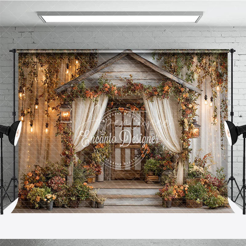 Aperturee - Aperturee Enchanted Rustic Wooden Cabin Photography Backdrop with Autumn Flowers Vines and Warm Fairy Lights