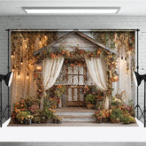 Aperturee - Aperturee Enchanted Rustic Wooden Cabin Photography Backdrop with Autumn Flowers Vines and Warm Fairy Lights