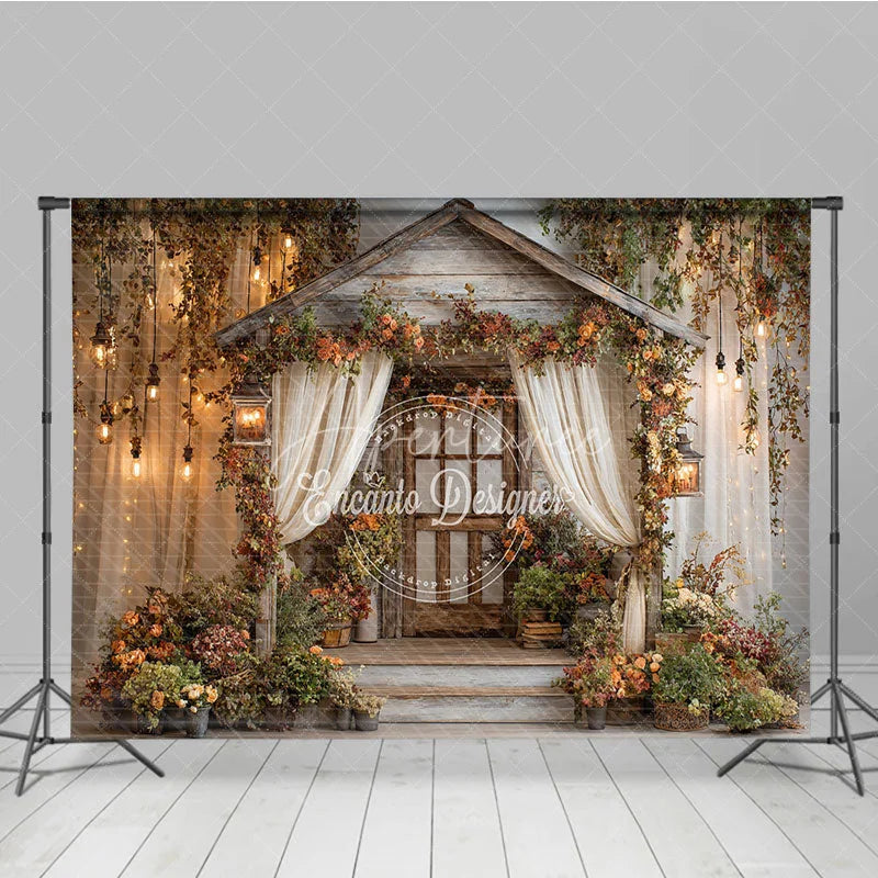 Aperturee - Aperturee Enchanted Rustic Wooden Cabin Photography Backdrop with Autumn Flowers Vines and Warm Fairy Lights