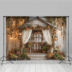 Aperturee - Aperturee Enchanted Rustic Wooden Cabin Photography Backdrop with Autumn Flowers Vines and Warm Fairy Lights