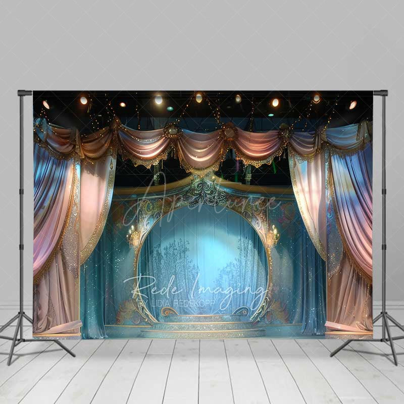 Aperturee Aperturee Enchanted Theater Stage Photography Backdrop Fairytale Scenery with Blue and Gold Curtains Magical Show Photo Prop