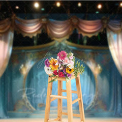 Aperturee Aperturee Enchanted Theater Stage Photography Backdrop Fairytale Scenery with Blue and Gold Curtains Magical Show Photo Prop