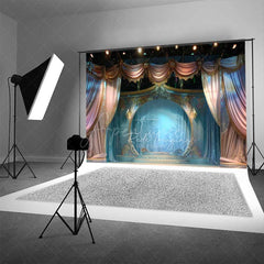 Aperturee Aperturee Enchanted Theater Stage Photography Backdrop Fairytale Scenery with Blue and Gold Curtains Magical Show Photo Prop