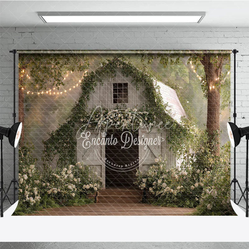 Aperturee - Aperturee Enchanted White Wooden Barn Photography Backdrop with Green Vines White Flowers and Twinkling String Lights