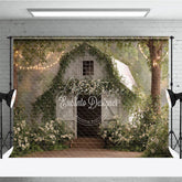 Aperturee - Aperturee Enchanted White Wooden Barn Photography Backdrop with Green Vines White Flowers and Twinkling String Lights