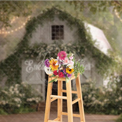 Aperturee - Aperturee Enchanted White Wooden Barn Photography Backdrop with Green Vines White Flowers and Twinkling String Lights