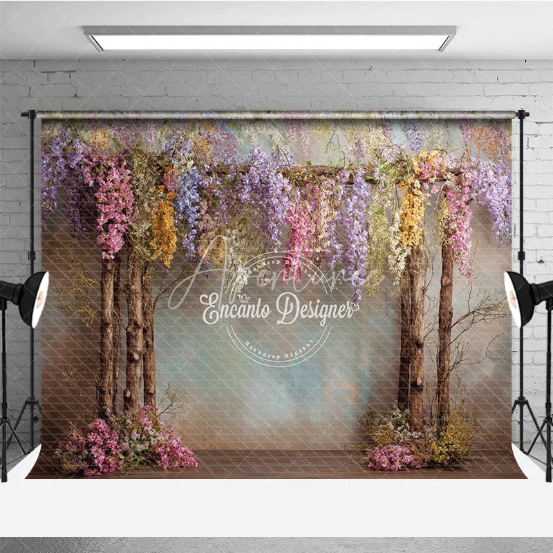 Aperturee - Aperturee Enchanted Wisteria Photography Backdrop Colorful Hanging Flowers Magical Forest Fine Art Portrait Background