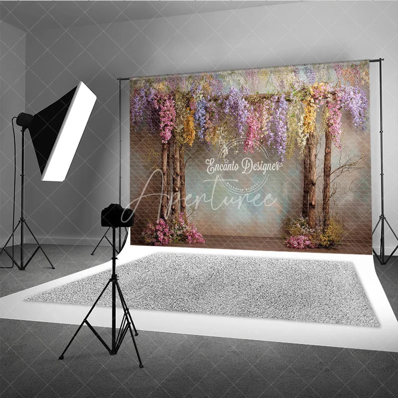 Aperturee - Aperturee Enchanted Wisteria Photography Backdrop Colorful Hanging Flowers Magical Forest Fine Art Portrait Background