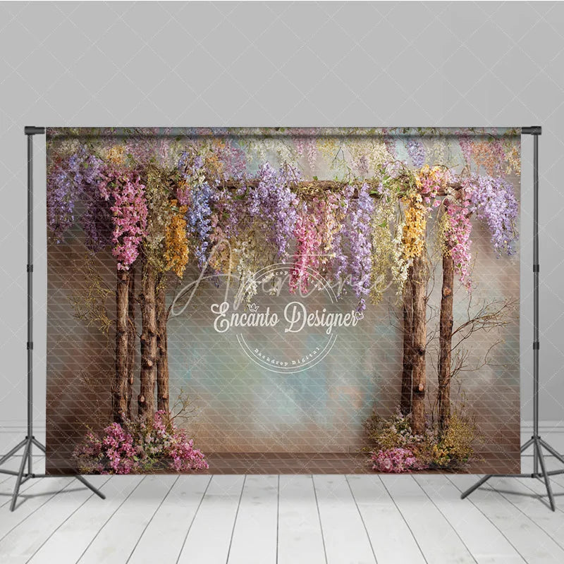 Aperturee - Aperturee Enchanted Wisteria Photography Backdrop Colorful Hanging Flowers Magical Forest Fine Art Portrait Background