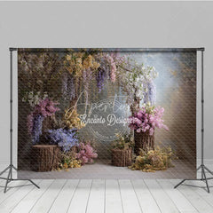 Aperturee - Aperturee Enchanted Wisteria Photography Backdrop Rustic Wood Stumps with Spring Flowers Fine Art Painterly Background
