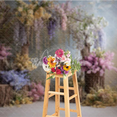 Aperturee - Aperturee Enchanted Wisteria Photography Backdrop Rustic Wood Stumps with Spring Flowers Fine Art Painterly Background