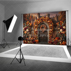 Aperturee - Aperturee Enchanting Autumn Castle Archway Photography Backdrop with Fall Leaves Pumpkins and Lanterns Decor