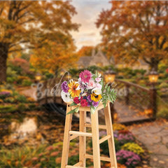 Aperturee - Aperturee Enchanting Autumn Garden Photography Backdrop Wooden Bridge over Pond Fall Foliage and Lanterns