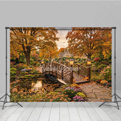 Aperturee - Aperturee Enchanting Autumn Garden Photography Backdrop Wooden Bridge over Pond Fall Foliage and Lanterns