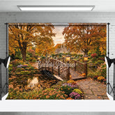 Aperturee - Aperturee Enchanting Autumn Garden Photography Backdrop Wooden Bridge over Pond Fall Foliage and Lanterns