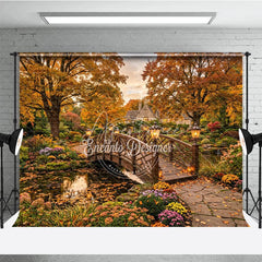 Aperturee - Aperturee Enchanting Autumn Garden Photography Backdrop Wooden Bridge over Pond Fall Foliage and Lanterns