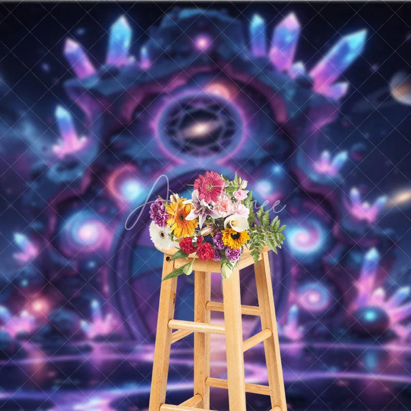 Aperturee - Aperturee Enchanting Cosmic Portal Photography Backdrop with Glowing Purple Crystals Starry Galaxy Scene