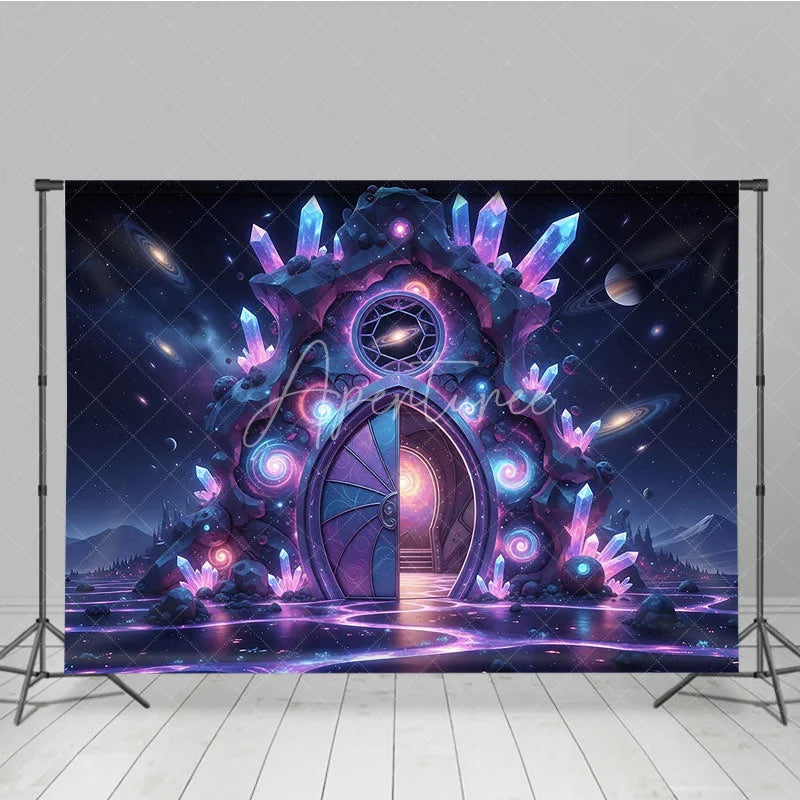 Aperturee - Aperturee Enchanting Cosmic Portal Photography Backdrop with Glowing Purple Crystals Starry Galaxy Scene