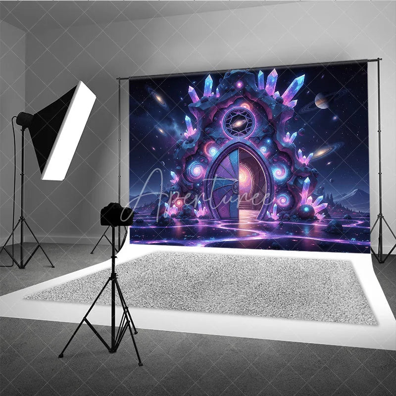 Aperturee - Aperturee Enchanting Cosmic Portal Photography Backdrop with Glowing Purple Crystals Starry Galaxy Scene