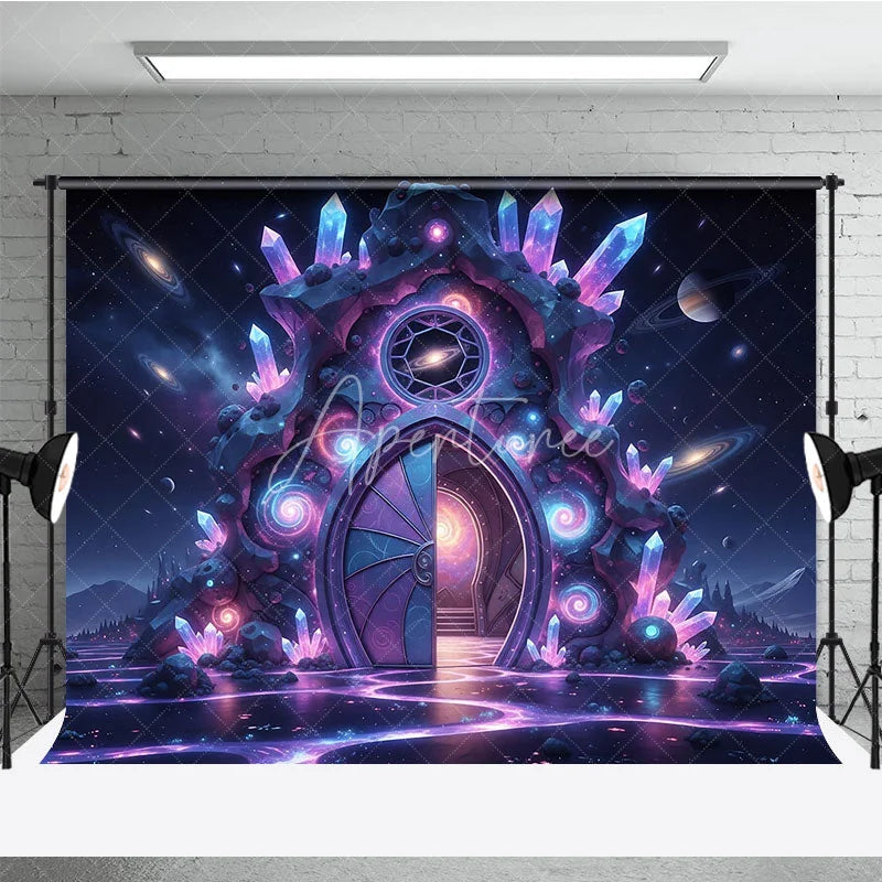 Aperturee - Aperturee Enchanting Cosmic Portal Photography Backdrop with Glowing Purple Crystals Starry Galaxy Scene