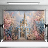 Aperturee - Aperturee Enchanting Fairy Tale Castle Photography Backdrop Pink and Blue Flowers Dreamy Princess Party Baby Shower Decor