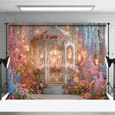 Aperturee - Aperturee Enchanting Floral Gazebo Photography Backdrop Whimsical Garden with Hanging Lights and Pastel Flowers